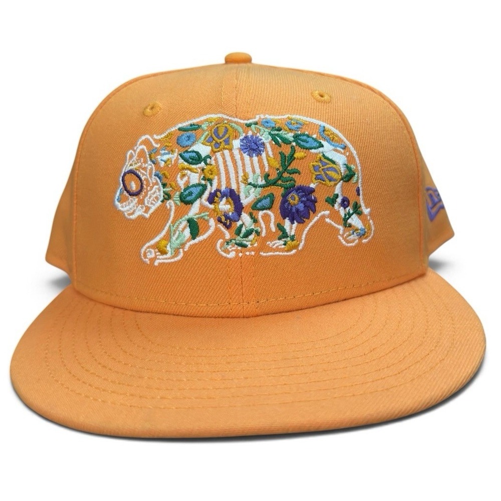 New Era Day Of The Dead Bear Orange Purple Floral Size 7 1/4 Fitted Cap Hat